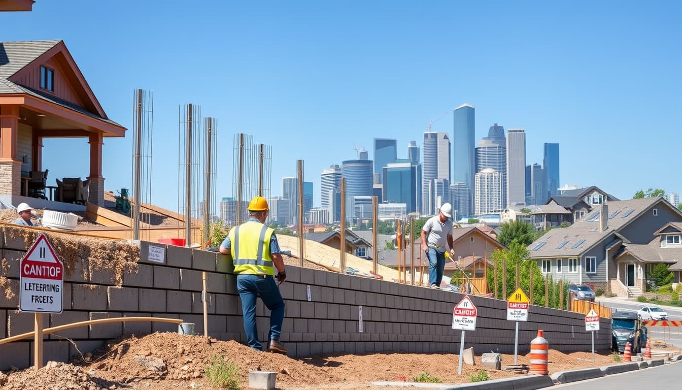 a detailed construction scene of a retaining wall installation in a residential area of denver, featuring a backdrop of the city's skyline, showcasing workers in hard hats, various tools and construction materials, clear blue skies, and signs with construction codes subtly placed in the environment.