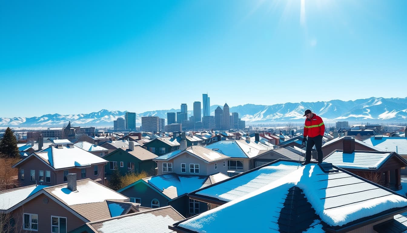 a picturesque denver skyline with a clear blue sky, showcasing various rooftops covered with snow and others under bright sunlight. include elements like a roofing inspector examining a residential roof, surrounded by mountains in the background, emphasizing the beauty and utility of roof inspections.