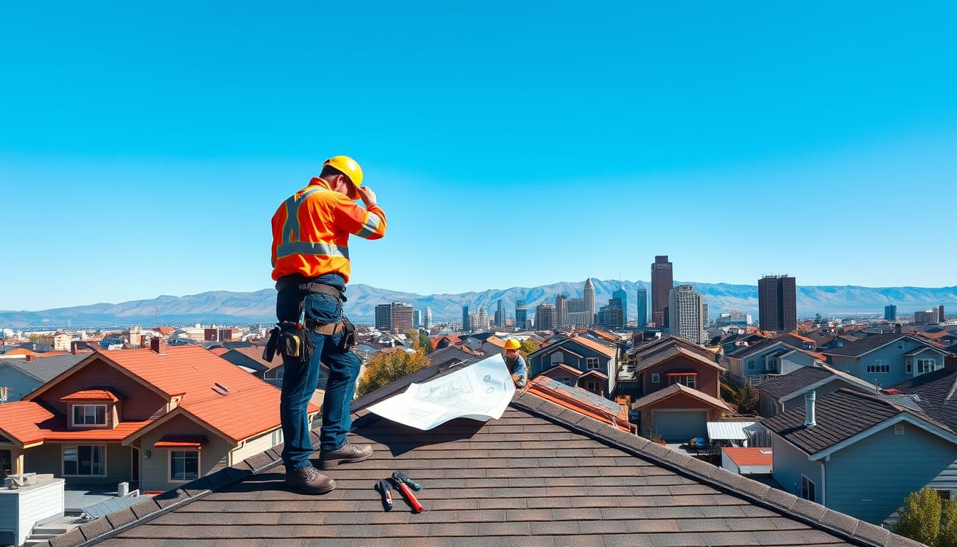 a rooftop view of a denver skyline, showcasing various styles of homes, with focus on a construction worker inspecting a roof, surrounded by blueprints and tools, under a clear blue sky. elements of city life in the background with mountains visible.