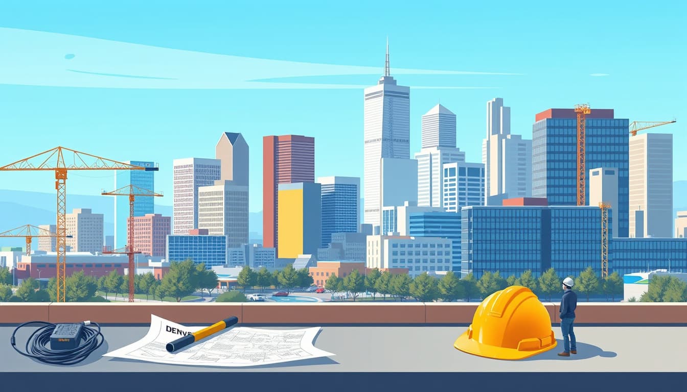 an illustration of a modern cityscape with a focus on the denver skyline, featuring a construction site equipped with electrical tools, blueprints, and a hard hat. add visuals of permits being processed, such as office buildings and workers discussing plans, under a clear blue sky.