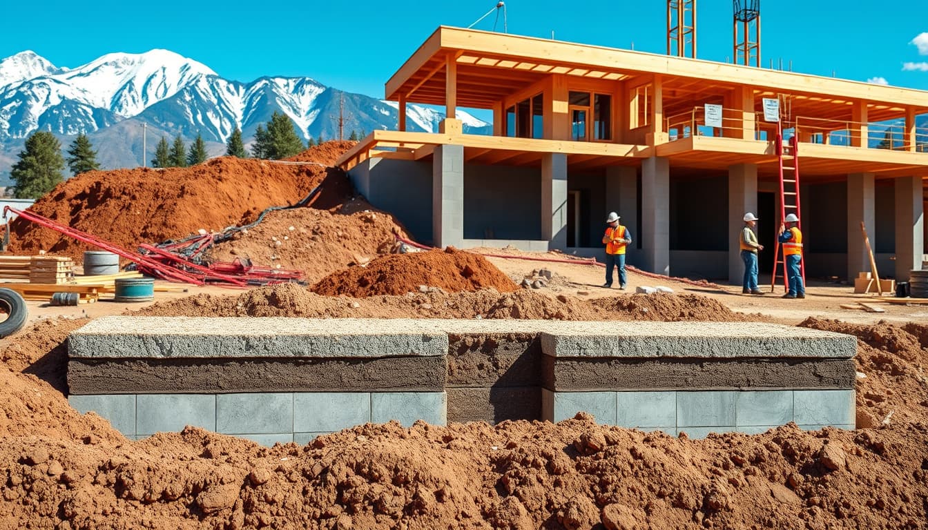 a construction site in denver showcasing various types of footings and foundations, with snow-capped rocky mountains in the background, blue skies, and a crew of builders evaluating soil layers and measuring depths, emphasizing the themes of architecture, engineering, and local environment.