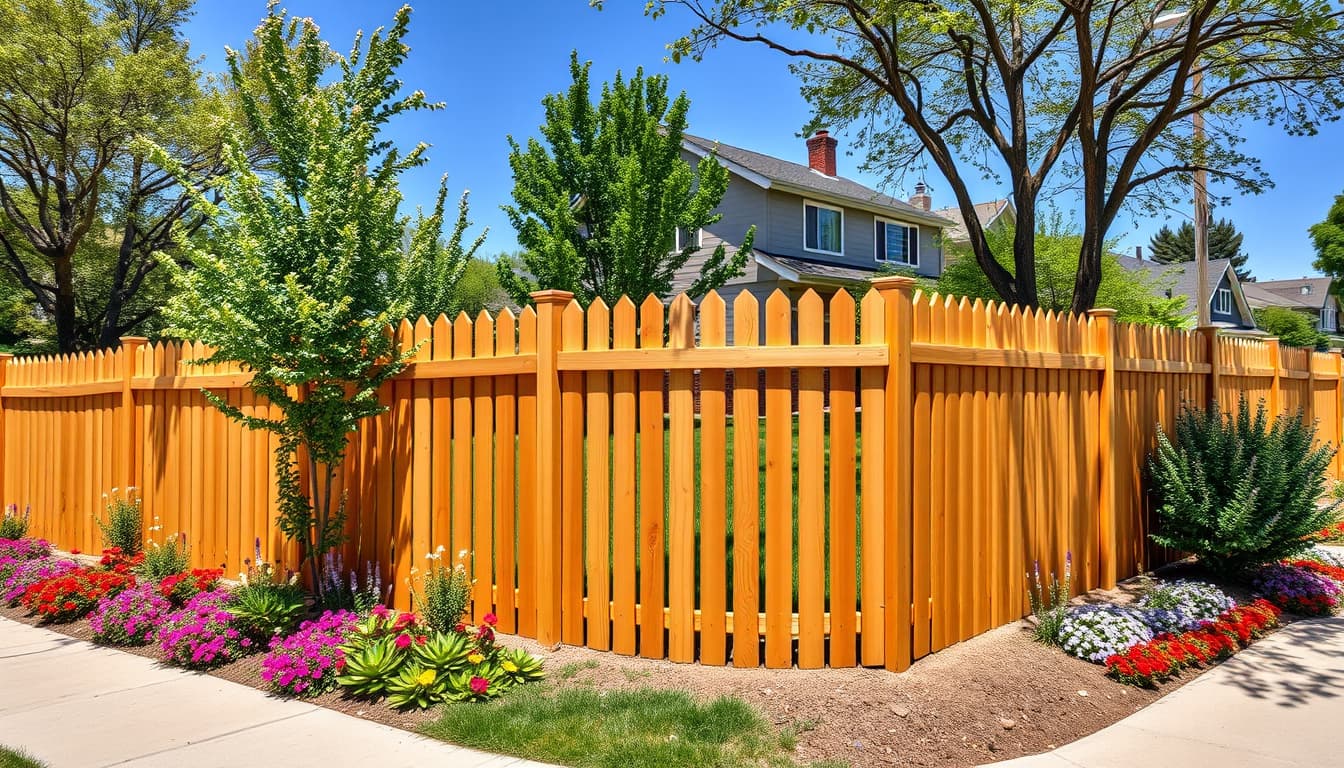 a picturesque corner lot in denver showcasing a unique wooden fence that adheres to local building codes, surrounded by vibrant flowers and trees, with a charming suburban house in the background. it's a sunny day, highlighting the neighborhood's serene and inviting atmosphere.