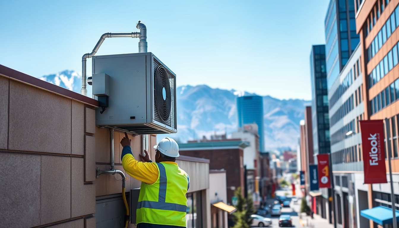 an urban setting in denver with a focus on a modern hvac installation on a building. include a technician inspecting the installation, surrounded by cityscape elements like mountains in the background, clear blue skies, and a bustling street scene.