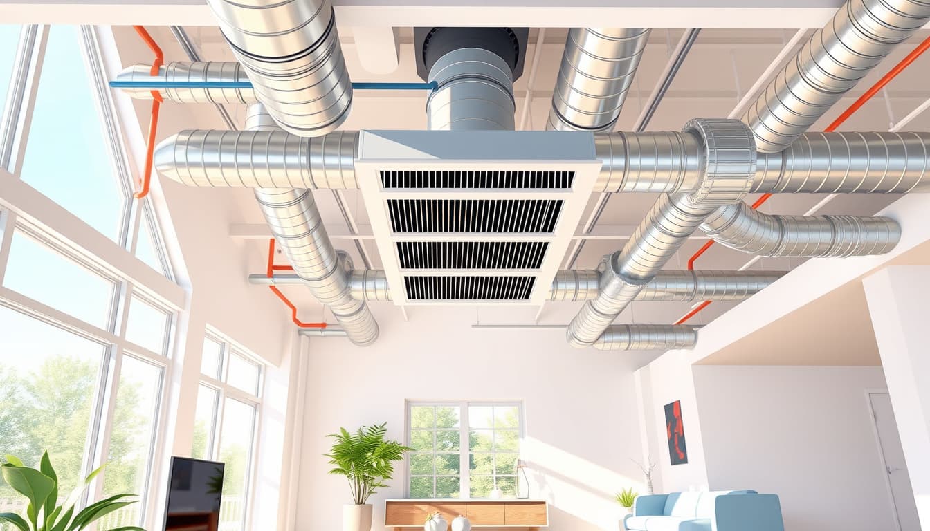 a detailed illustration of a modern home interior showing ductwork and ventilation systems, with a clear focus on a newly installed vent and return air registers. the scene should depict a bright, open living space under natural light, emphasizing the importance of proper air circulation and home comfort.