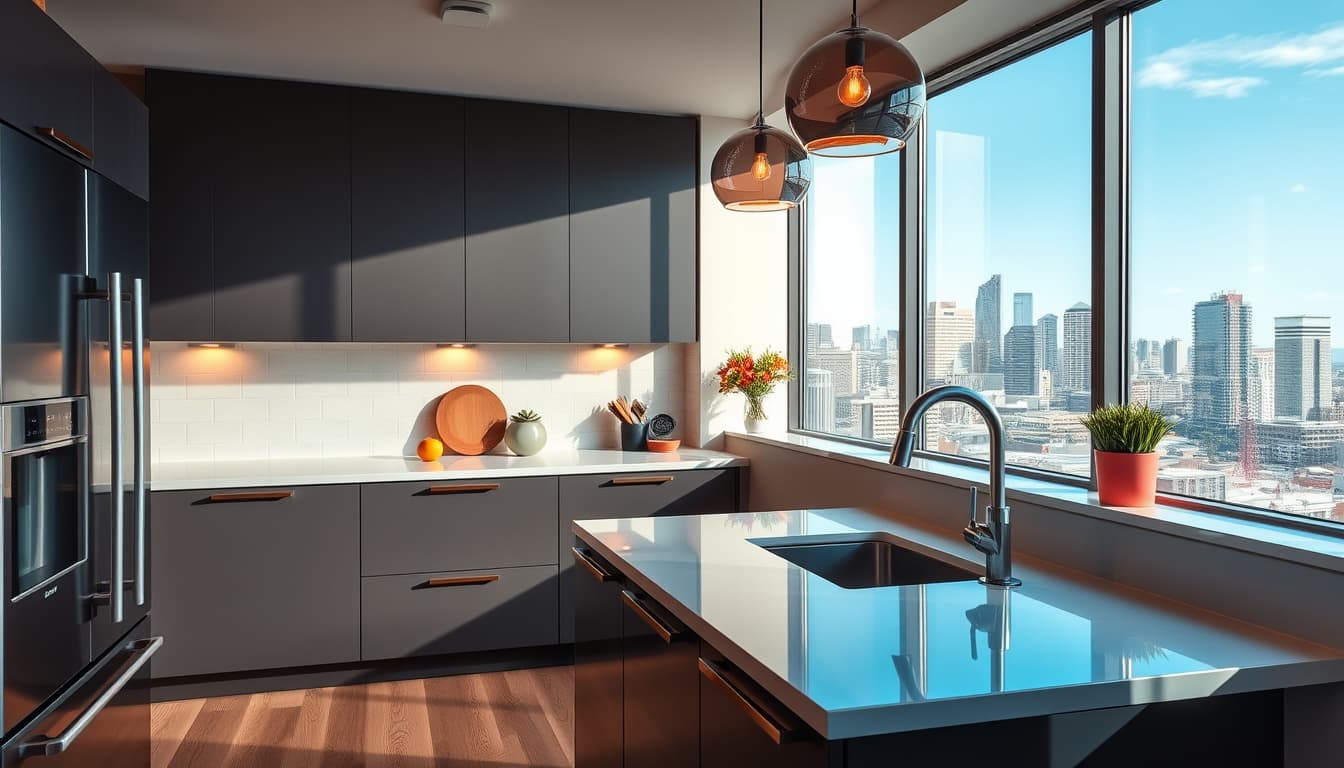 a modern kitchen remodel scene in denver, featuring stylish cabinetry, sleek appliances, and trendy decor, with a backdrop of the denver skyline visible through a window, emphasizing urban living and design compliance.