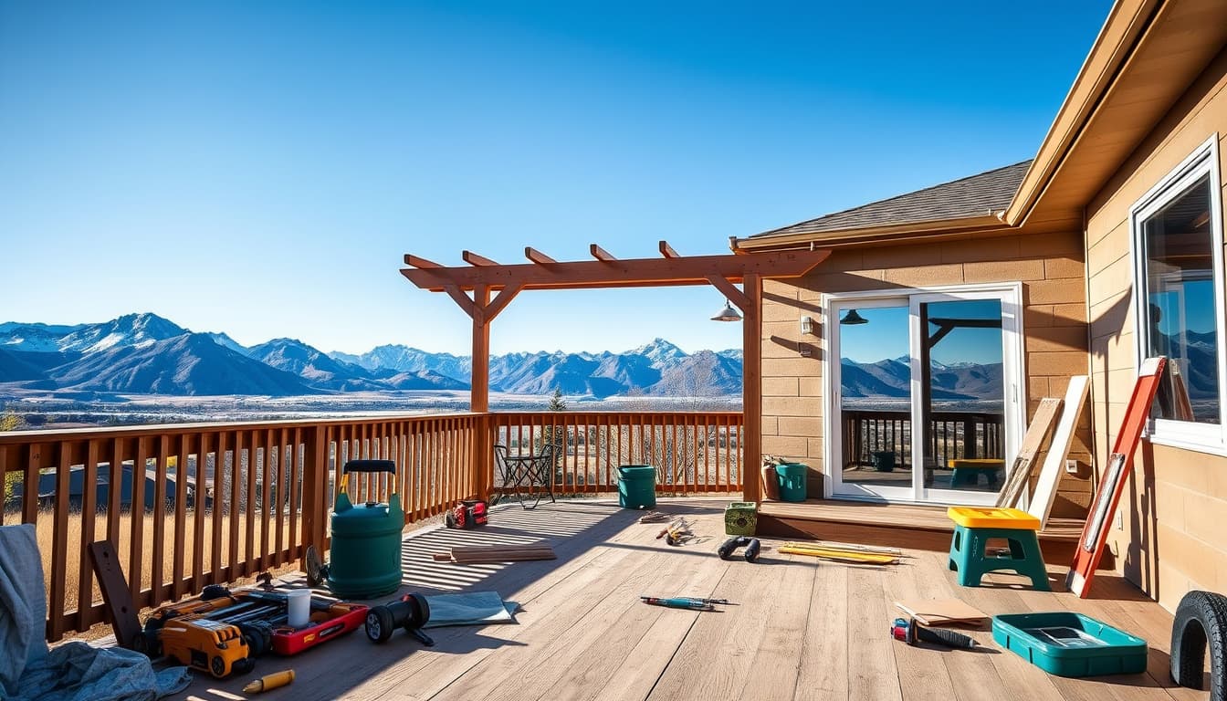 a scenic view of a diy backyard deck project in denver, showcasing a beautiful wooden deck under a clear blue sky, surrounded by the rocky mountains. include various tools and materials scattered around, highlighting the essence of home improvement and creativity.