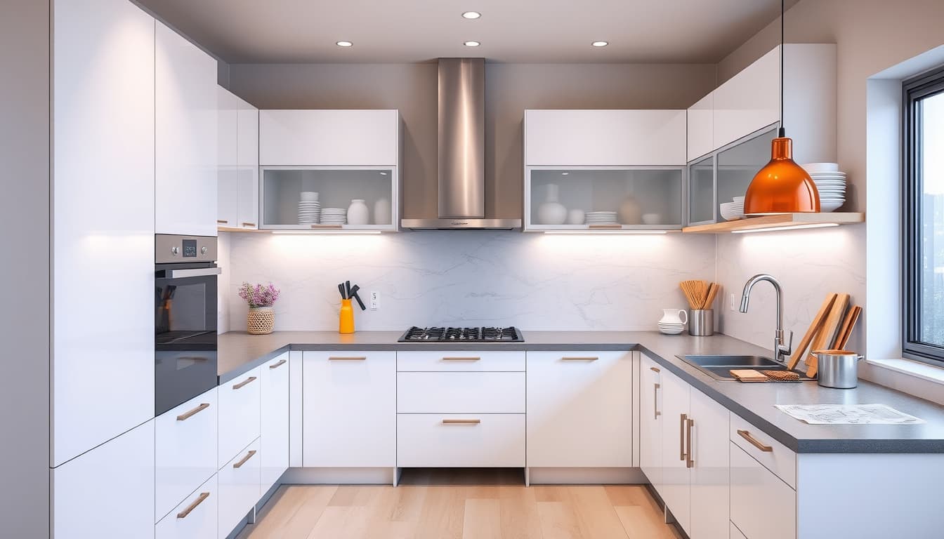 a modern kitchen interior featuring sleek cabinetry, updated appliances, and stylish countertops, with a focus on organization and functionality. include elements of construction and design compliance, such as blueprints and safety features, conveying a sense of renovation and transformation.