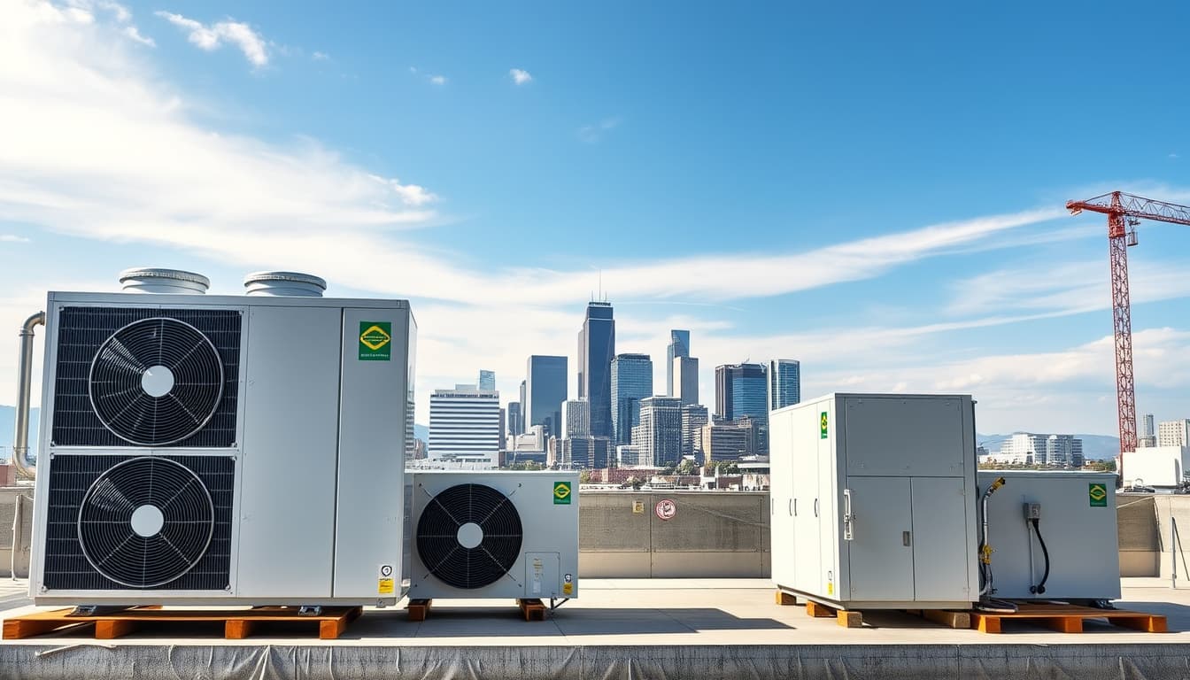 a modern industrial hvac system installation in a cityscape, featuring sleek, energy-efficient units with clear skies and the denver skyline in the background, showcasing elements of construction and technology with focus on environmental sustainability.