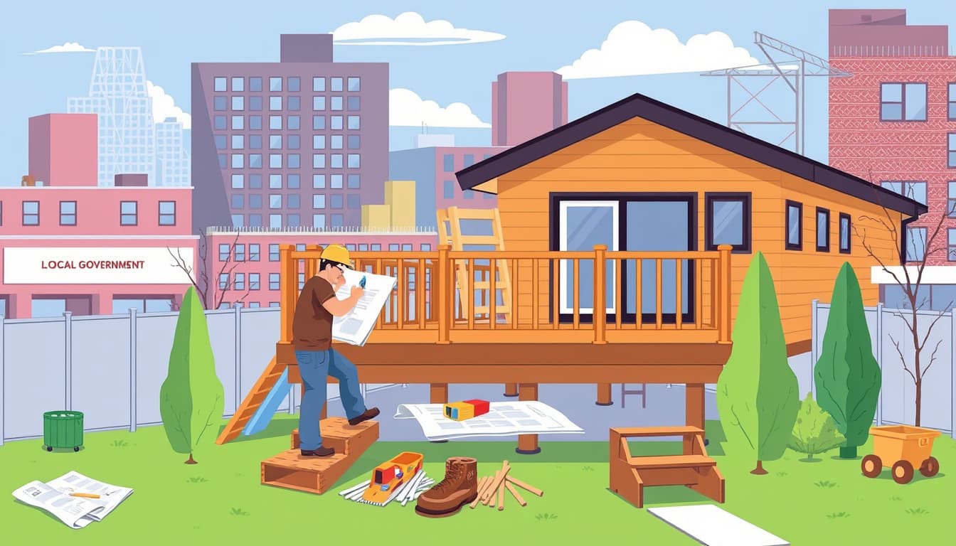 a detailed illustration of a homeowner working on a deck construction project in an urban denver setting, showcasing steps in the permit process. include elements like blueprints, construction tools, city buildings, and a local government office in the background.