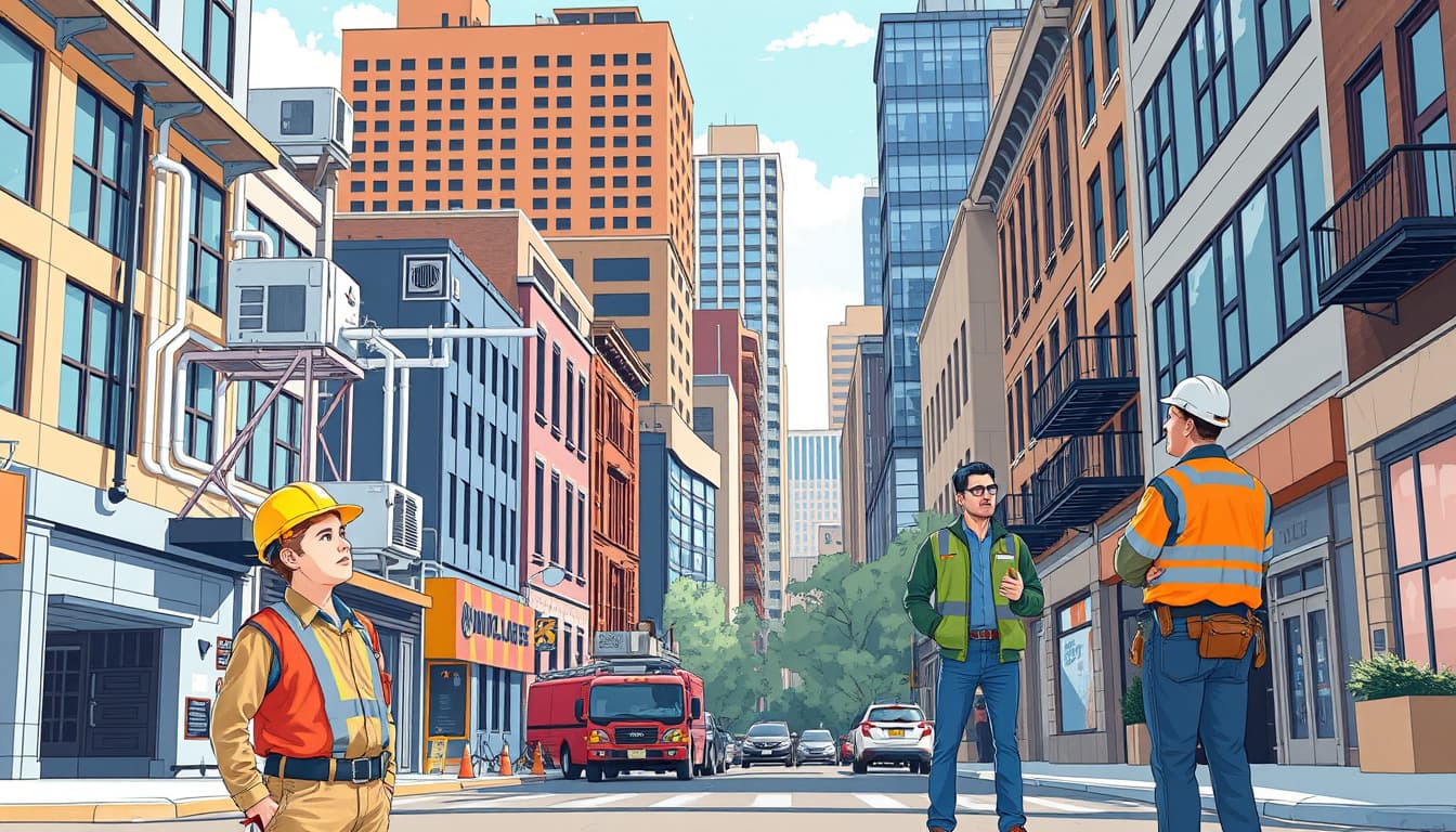 a detailed scene illustrating a bustling denver streetscape, featuring a mix of modern and historic buildings with hvac systems visibly installed. in the foreground, a contractor looks worried beside an unfinished installation, while a city inspector discusses permit rules with a concerned homeowner, capturing the themes of construction, compliance, and urban life.