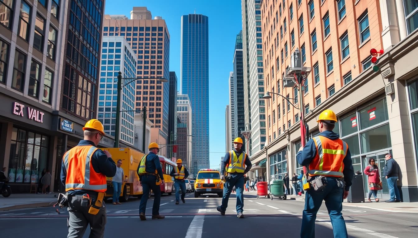 a busy urban street in denver with electricians at work, showcasing colorful tools and equipment, high-rise buildings in the background, and a clear blue sky, emphasizing themes of city infrastructure and compliance.
