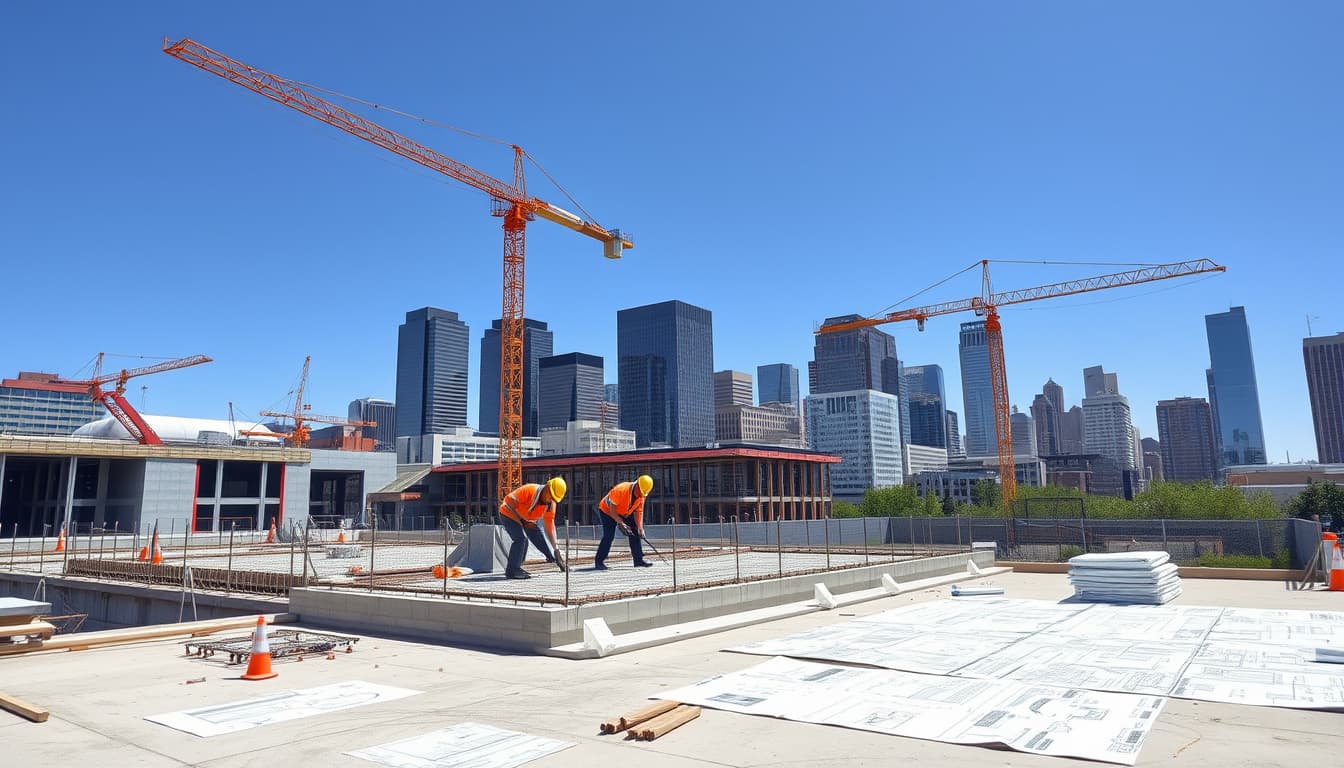 a bustling urban scene in denver featuring construction workers laying concrete on a building site, with cranes and city skyscrapers in the background, and blueprints scattered on the ground. the sky is clear and sunny, adding to the vibrant city atmosphere.