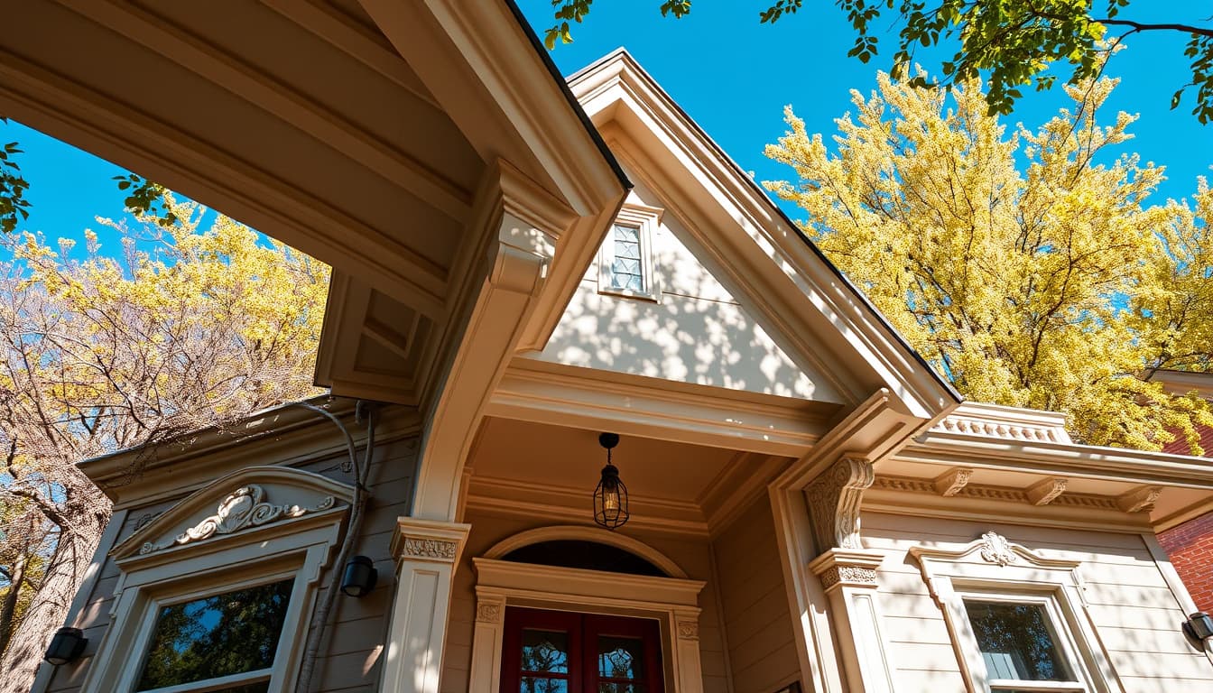 a beautifully restored historic home in denver, showcasing intricate architectural details such as ornate moldings and vintage electrical fixtures, set against a backdrop of a clear blue sky and leafy trees. the scene should convey a sense of preservation and care for historic integrity, emphasizing the blend of modern electrical elements with classic design.