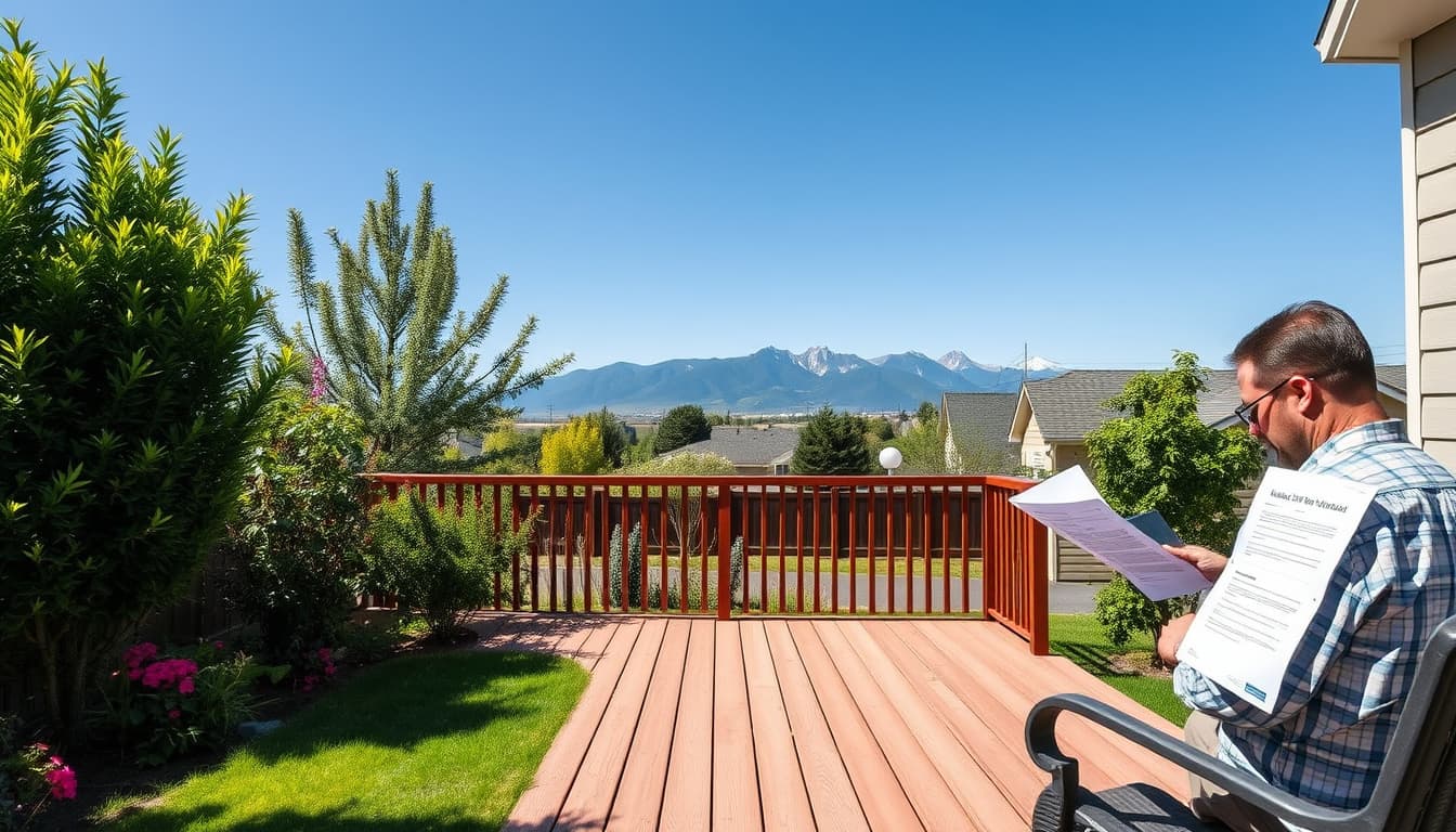 a picturesque suburban backyard in denver featuring a simple wooden deck, surrounded by vibrant greenery. in the background, the rocky mountains rise under a clear blue sky, while a concerned homeowner examines a pile of papers, hinting at a bureaucratic issue with the deck.