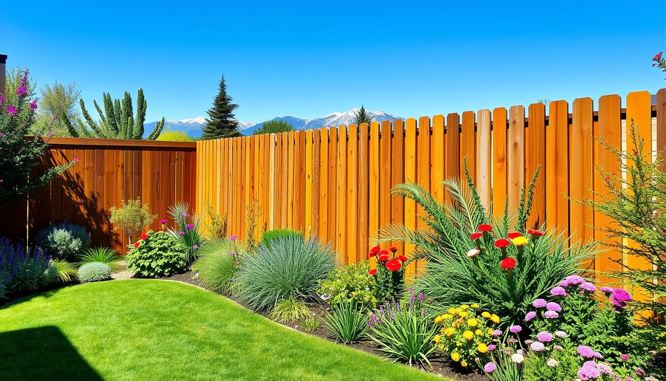 a serene backyard in denver featuring a tall wooden fence, surrounded by vibrant greenery and colorful flowers, with the rocky mountains in the distance under a clear blue sky.
