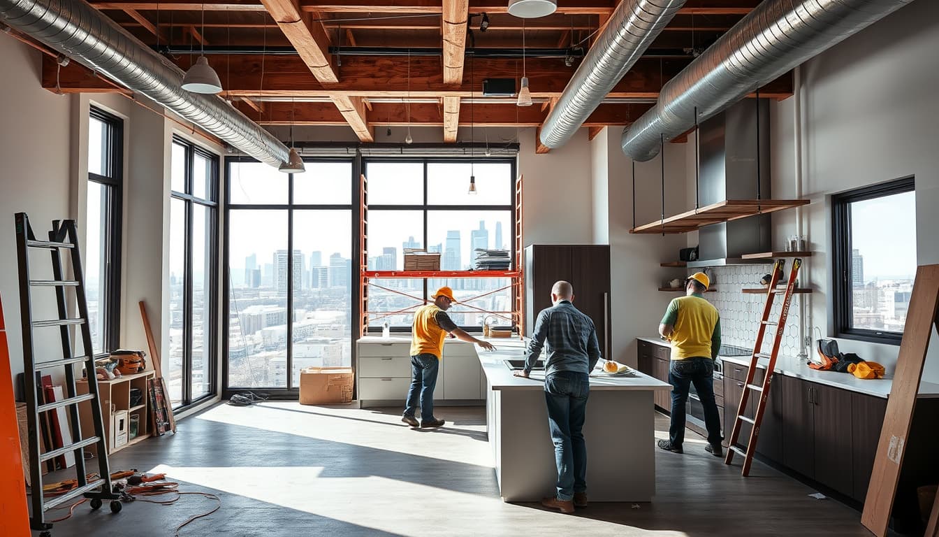 an interior scene of a modern kitchen renovation in denver, showcasing various construction elements like exposed beams, scaffolding, and tools. highlight the bustling work environment with contractors preparing new cabinetry and countertops, set against a backdrop of the denver skyline visible through a window, conveying a sense of transformation and urban living.