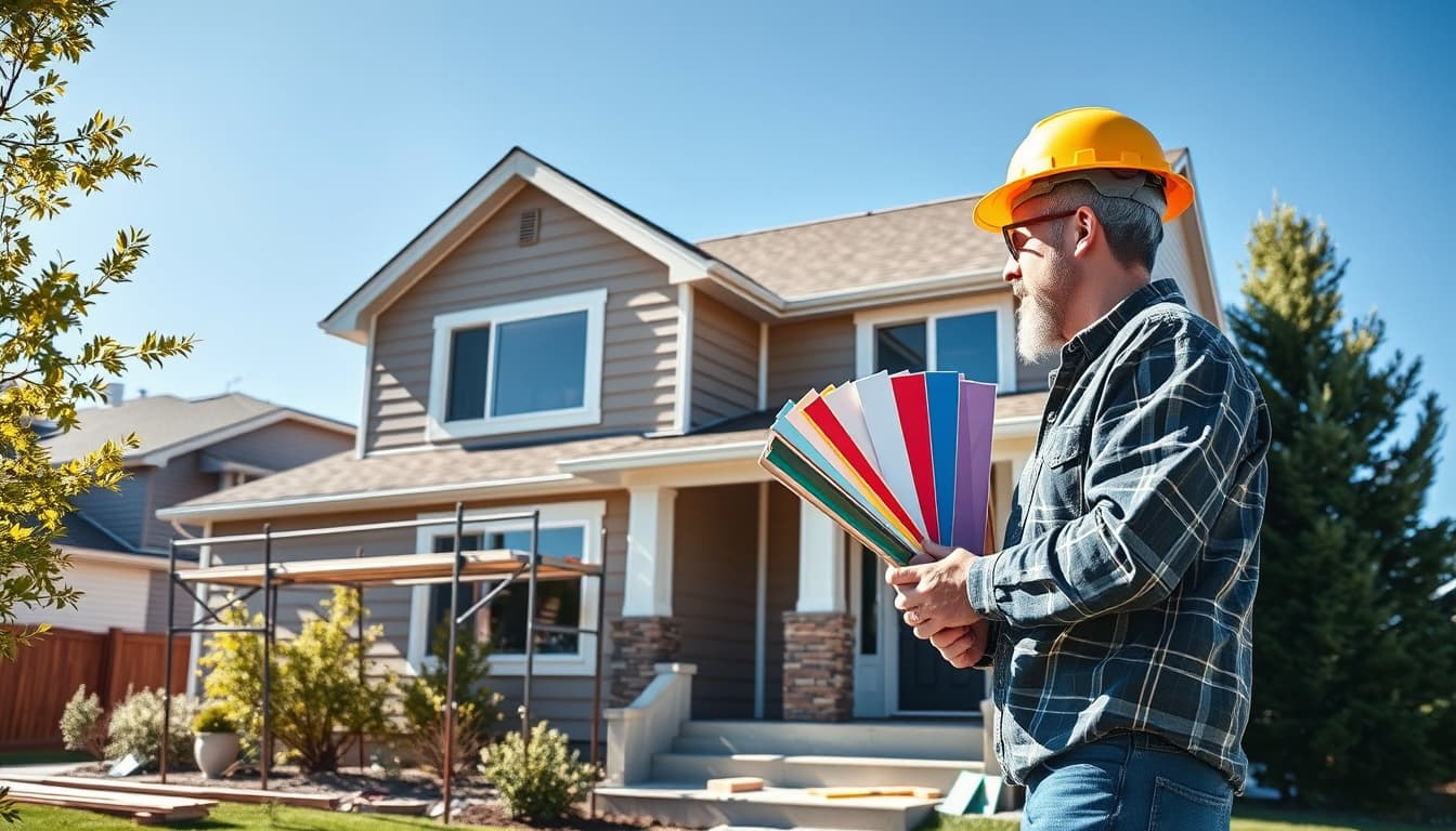 a suburban home in denver undergoing siding work, showcasing a homeowner inspecting colorful siding materials with tools in hand, surrounded by a construction scene featuring scaffolding and safety gear, set against a clear blue sky.