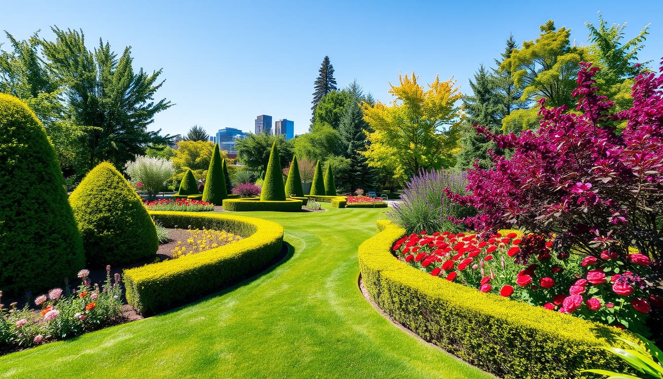 a vibrant denver landscape featuring beautiful gardens, neatly trimmed hedges, and well-maintained flower beds, with a clear blue sky above. include subtle hints of common landscaping errors, like a tangled overgrown area or uneven plant heights, to illustrate the concept of landscaping code violations.