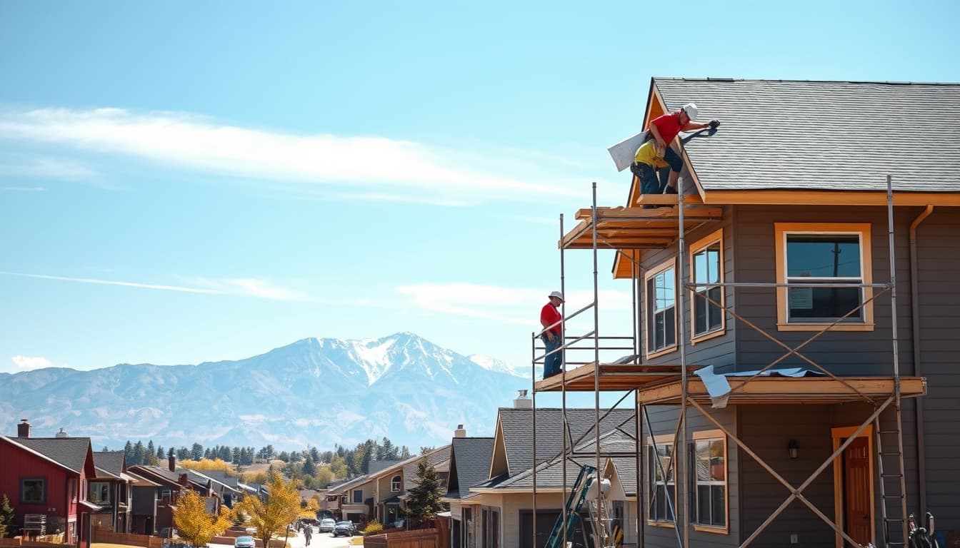 a scenic view of a denver neighborhood with homes undergoing renovations, showcasing construction workers actively remodeling a house. include visual elements like scaffolding, construction tools, blueprints spread out, and a clear sky with the rocky mountains in the background.