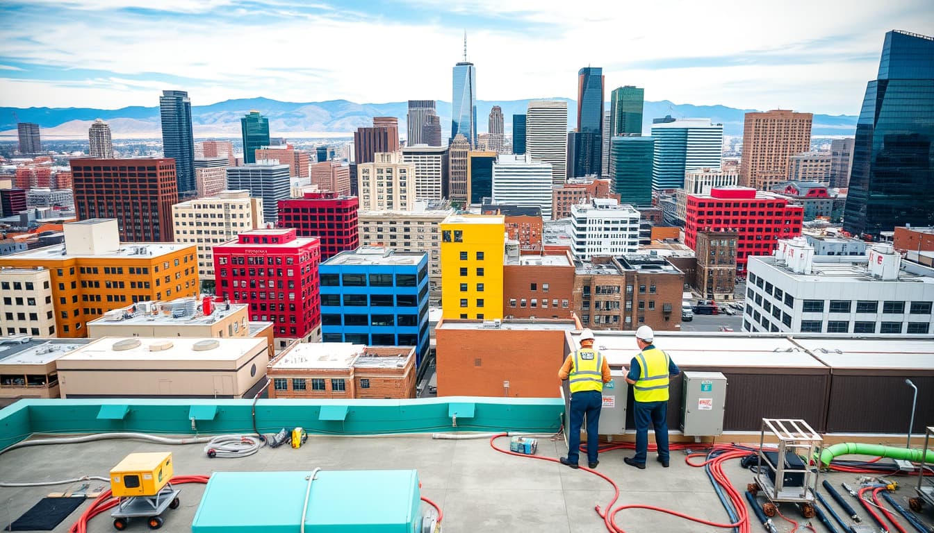 a bustling view of denver's skyline with a focus on colorful buildings and hvac systems on rooftops; include inspectors checking compliance and safety features, highlighting teamwork in urban settings.
