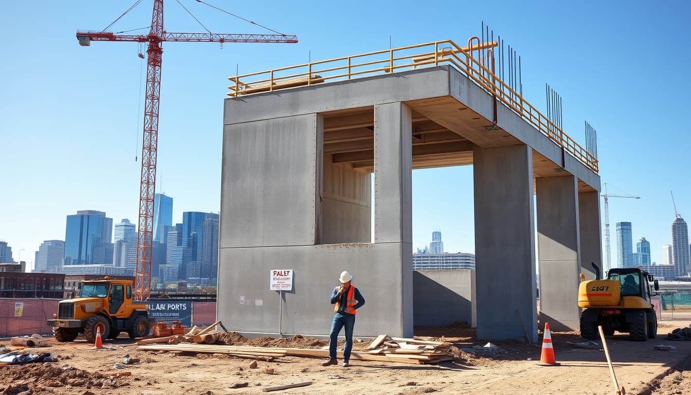 a construction site in denver with a partially completed concrete project, a worker looking concerned, and construction equipment nearby. in the background, show a city skyline and clear blue skies, emphasizing the urban setting.