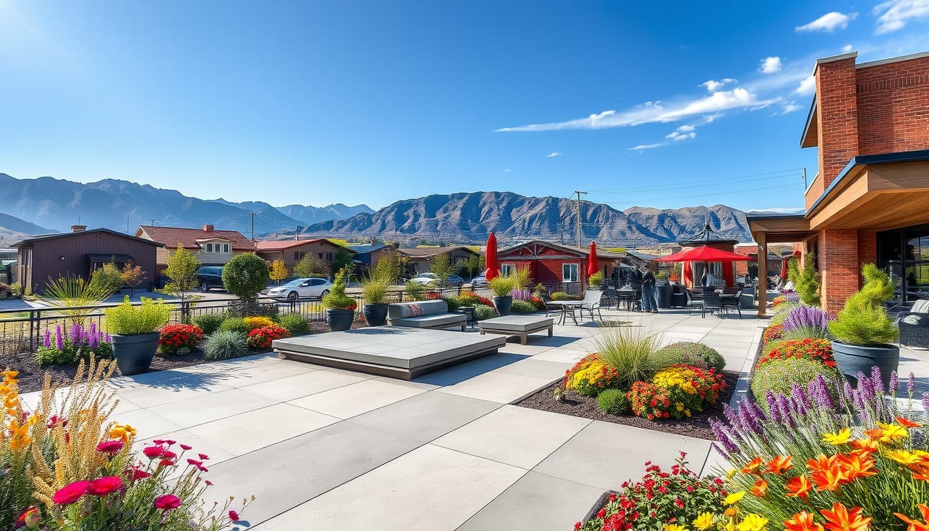 a scenic outdoor setting in denver featuring a beautifully designed concrete patio surrounded by vibrant flora, with the rocky mountains in the background. the scene should capture elements of local architecture, a sunny sky, and activity around the patio, illustrating the theme of outdoor living and urban development.