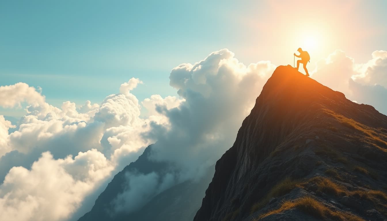 a serene landscape showing a person climbing a steep mountain, symbolizing perseverance through challenges. the sky is filled with clouds, with glimpses of sunlight breaking through, illustrating the overcoming of obstacles.