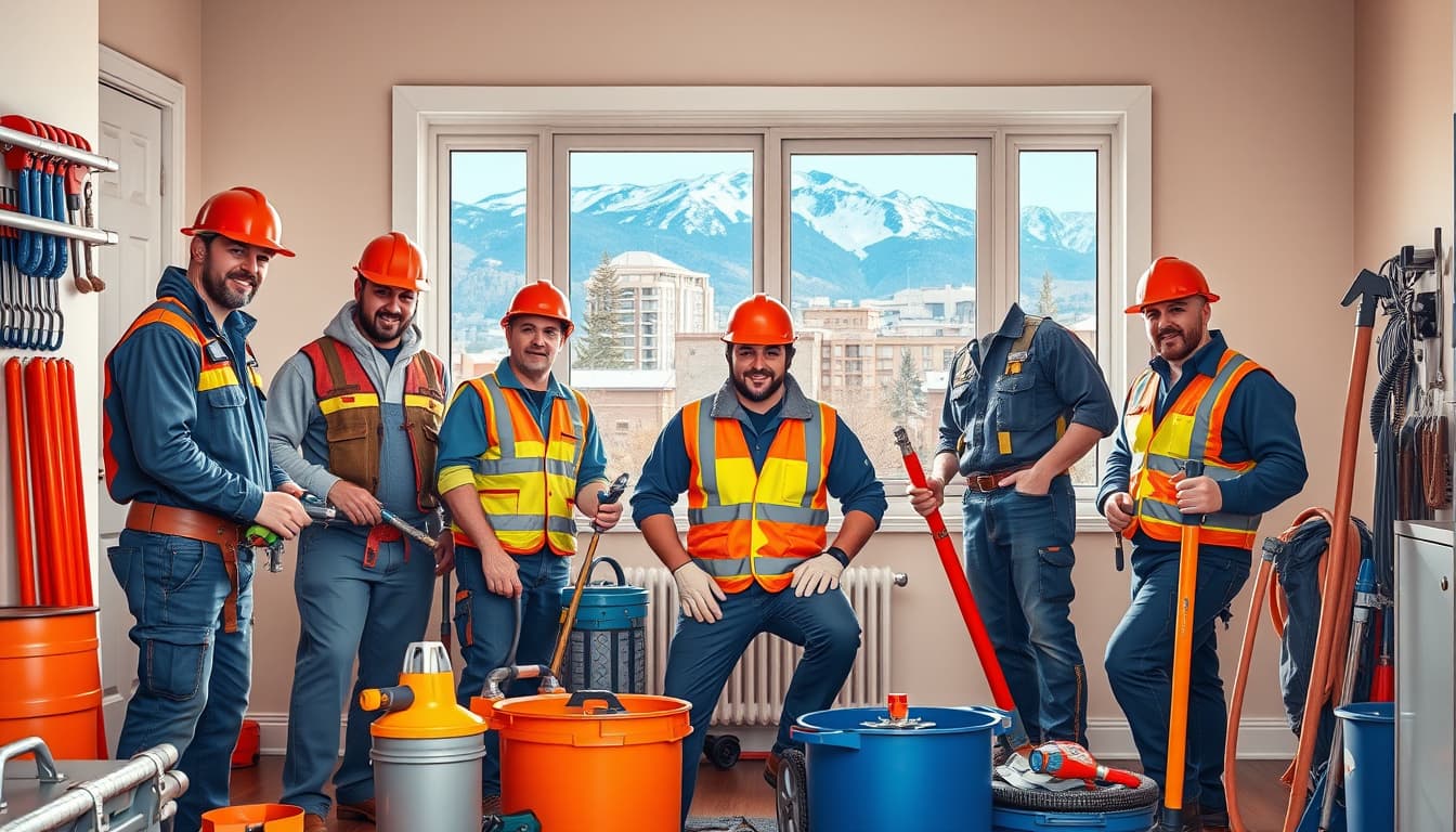 a scene depicting a group of professional plumbers working together in a denver home, showcasing plumbing tools and equipment, with a backdrop of the colorado rockies visible through a window. emphasize teamwork, safety gear, and a vibrant home environment.