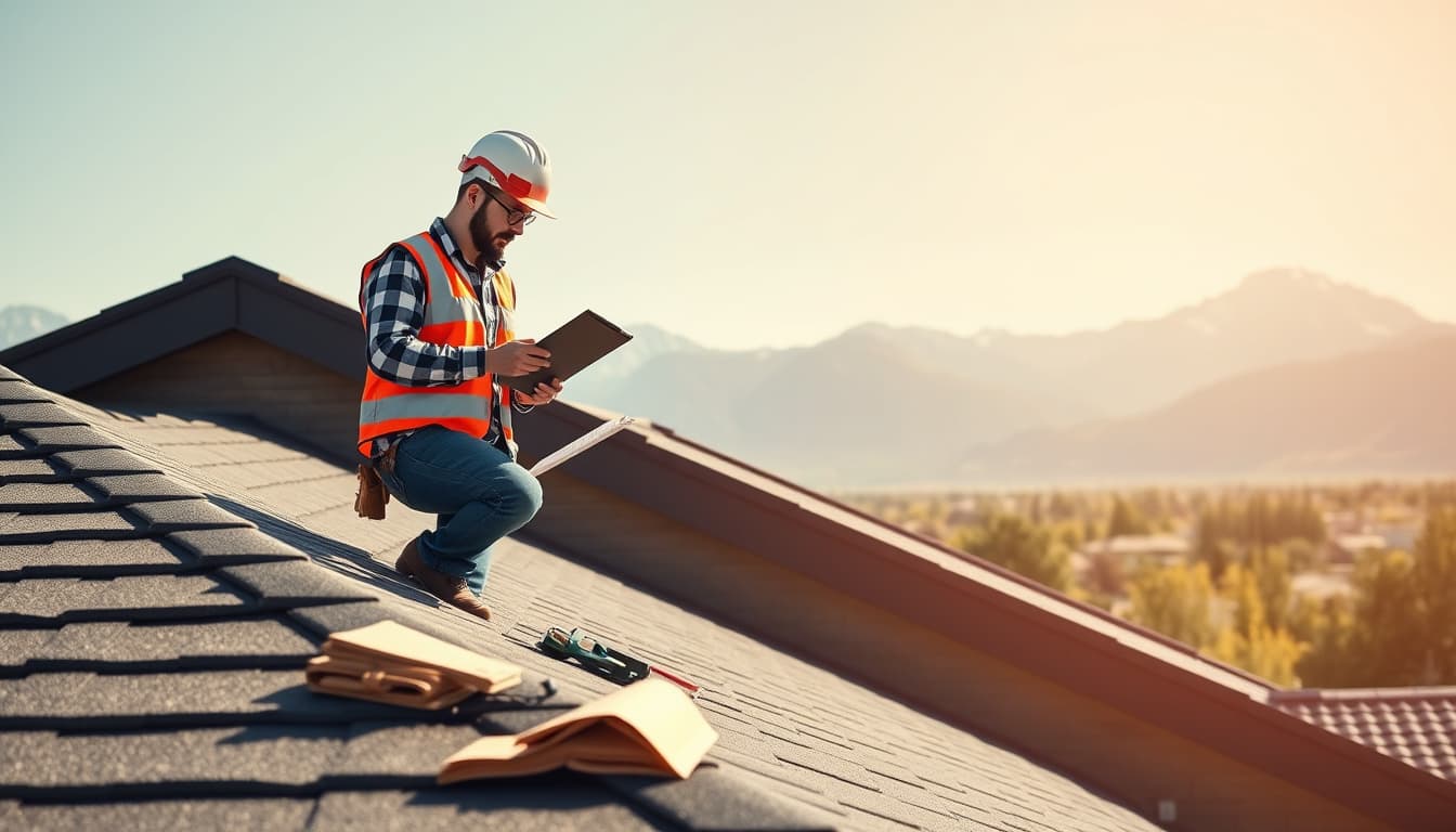 a detailed roof inspection scene in denver, showcasing a skilled inspector examining a residential roof with mountains in the background. include visual elements like roofing materials, a clipboard, and tools, with clear skies overhead.