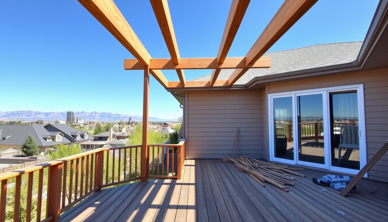 a scenic view of a denver neighborhood featuring a newly constructed wooden deck in a backyard, contrasted with a nearby home showing an unfinished deck area with visible construction debris and potential hazards. the backdrop includes the iconic denver skyline and the rocky mountains, showcasing a sunny day with clear blue skies.