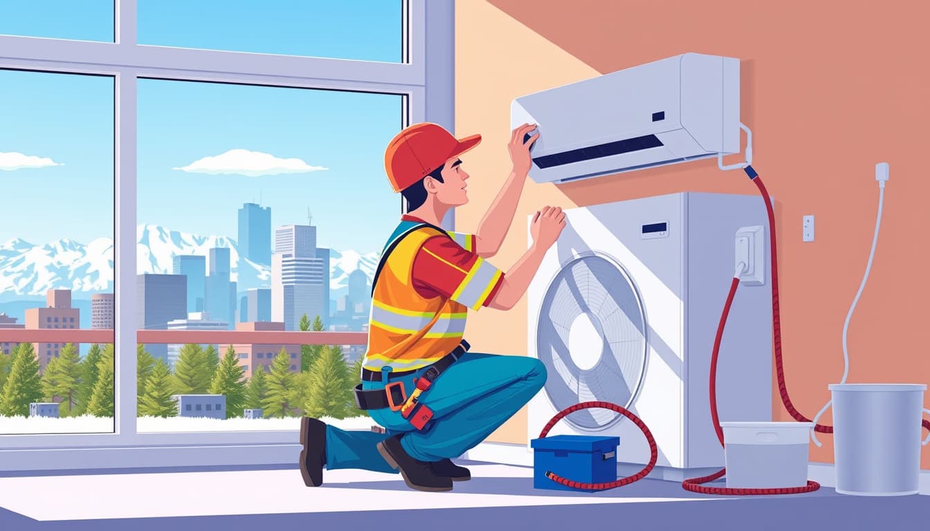 a detailed illustration of an hvac technician working on a heating and cooling system in a modern denver home, showcasing the city skyline in the background, with clear blue skies, snow-capped mountains, and elements of city code compliance such as safety gear and building standards.