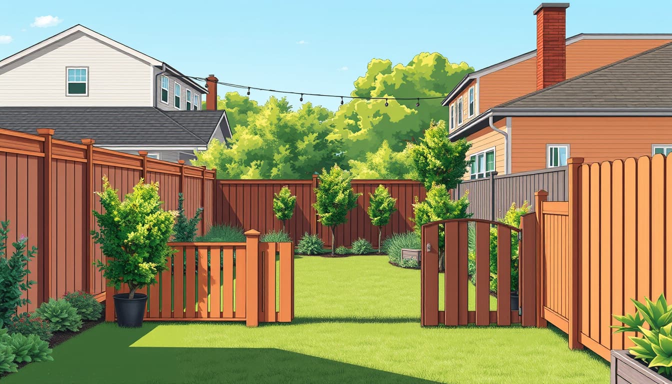 a detailed, architectural-style illustration of a residential backyard featuring a variety of fences designed for alleys and rear yard access, showcasing different materials like wood, metal, and vinyl, surrounded by lush greenery and urban scenery.