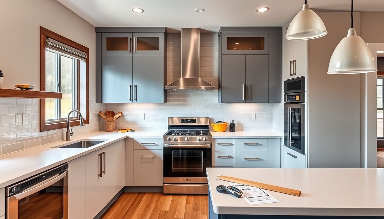 a stylish kitchen remodel showcasing modern appliances, elegant cabinetry, and vibrant colors, designed in a contemporary colorado home, with construction tools and permits subtly included in the scene.