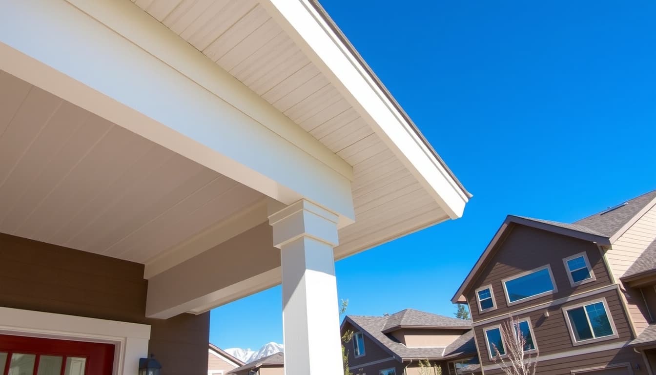 a close-up view of a modern home exterior featuring fresh soffit and fascia, showcasing various architectural styles in denver. the scene includes clear blue skies and the rocky mountains in the background, highlighting a renovated neighborhood context.