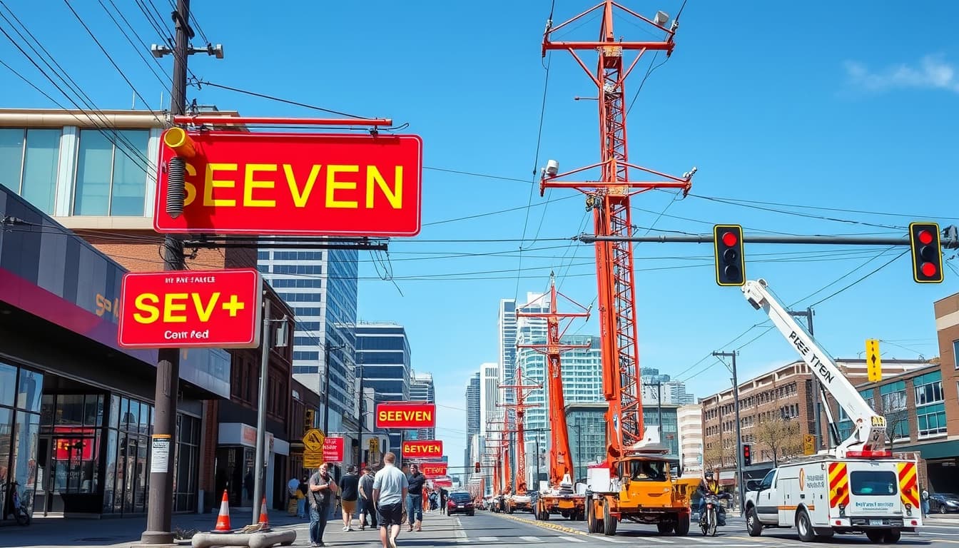 a bustling city street in denver showcasing various electrical projects: technicians working on power lines, bright construction signs, cranes lifting materials, and city inspectors examining installations, all under a clear blue sky with urban buildings in the background.