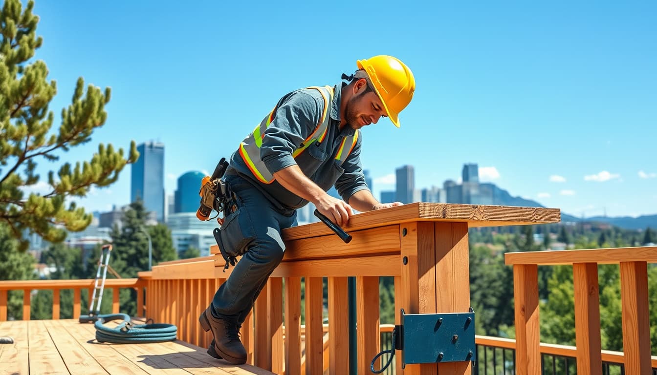 a construction worker meticulously building a wooden deck on a sunny denver day, with the city's iconic skyline in the background, surrounded by trees and equipment, showcasing elements of safety and proper techniques in the construction process.