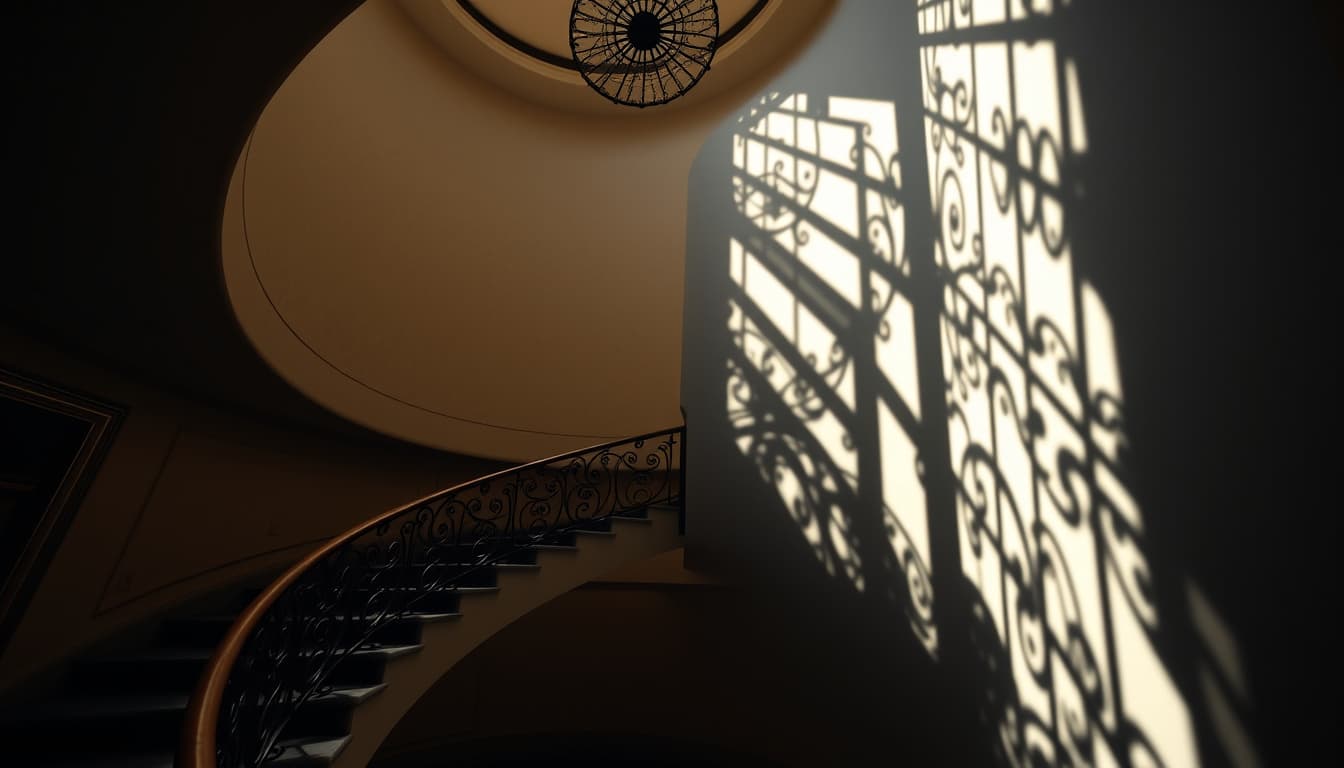 a dramatic spiral staircase in a dimly lit, elegant hall, with intricate railings and shadows casting mysterious patterns on the walls, evoking a sense of grandeur and intrigue.
