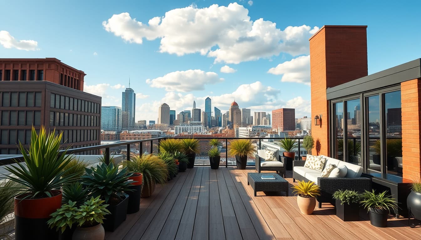 a scenic view of a city deck in denver, showcasing a wooden deck with beautiful city skyline in the background, surrounded by potted plants and outdoor furniture, under a bright blue sky with fluffy clouds. emphasize elements of architectural design and urban living.