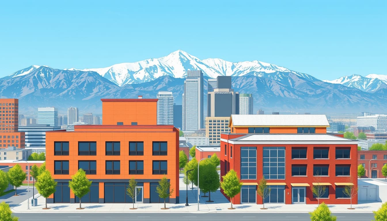 an architectural illustration contrasting a flat roof building and a pitched roof building in an urban denver setting, showcasing the unique characteristics of both roof styles against a backdrop of the denver skyline and majestic rocky mountains.