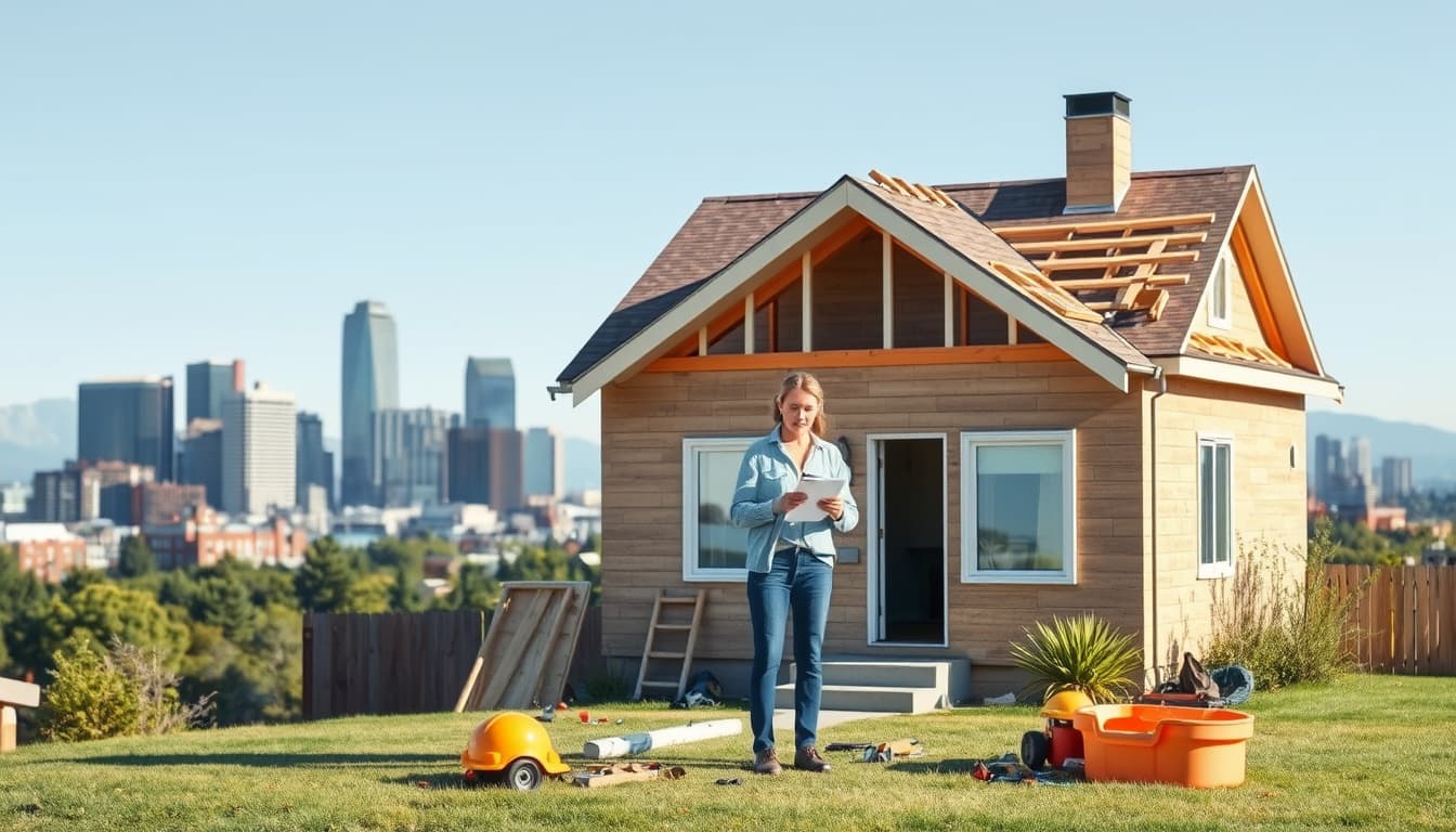 a distressed homeowner standing outside a partially renovated house, looking at an inspector with a clipboard, while construction tools are scattered around. the backdrop shows a city skyline of denver, with a mix of modern and traditional architectural styles.