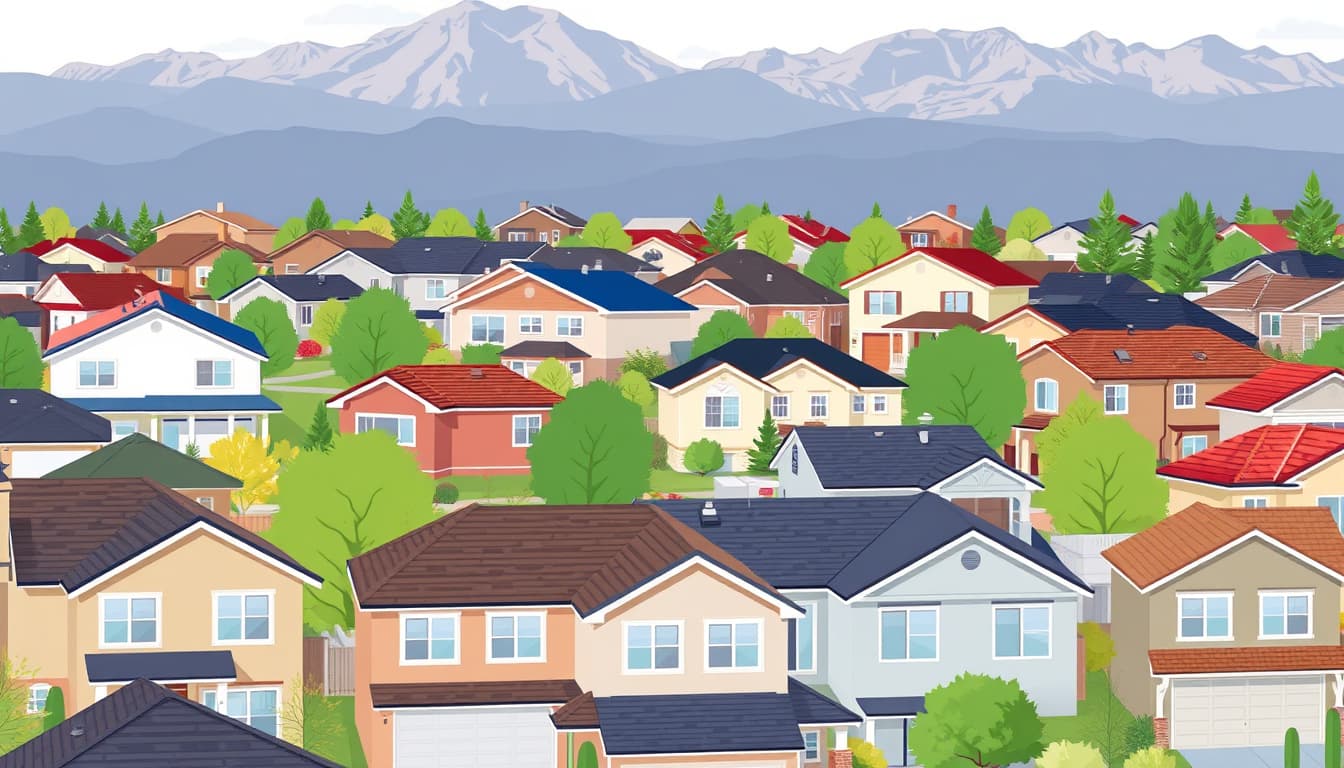 a detailed illustration of a suburban neighborhood in denver featuring various houses with different roofing styles, emphasizing diverse roof types, colors, and compliance elements such as ventilation and drainage systems. the background should include the rocky mountains, and the scene should convey a sense of community and homeownership.