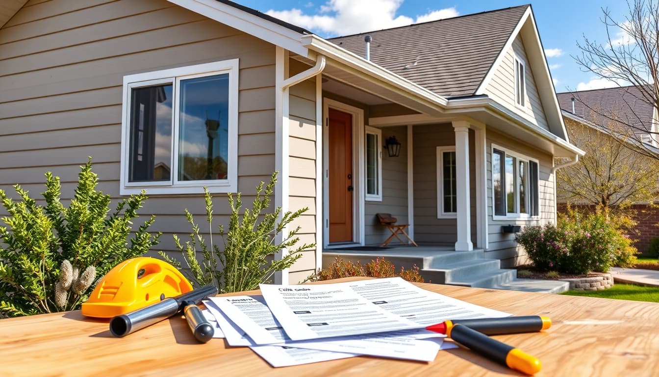 a detailed view of a suburban home in denver featuring freshly installed siding and gutters, showcasing compliance with local building codes. the scene includes construction tools and code documents on a table in the foreground, with beautiful mountain scenery in the background.