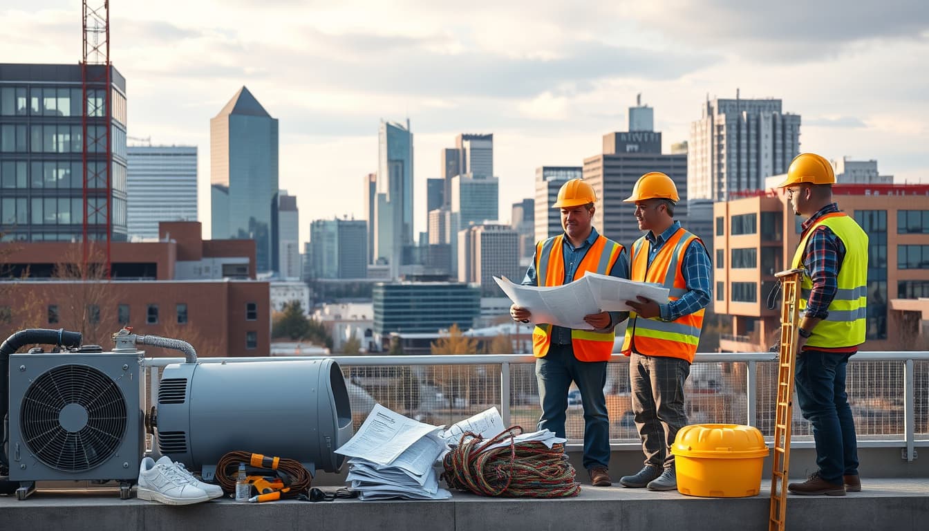 an urban scene in denver featuring construction workers discussing plans, hvac equipment, and a modern city skyline. include visual elements like construction permits and tools, highlighting the theme of home improvement and city development.