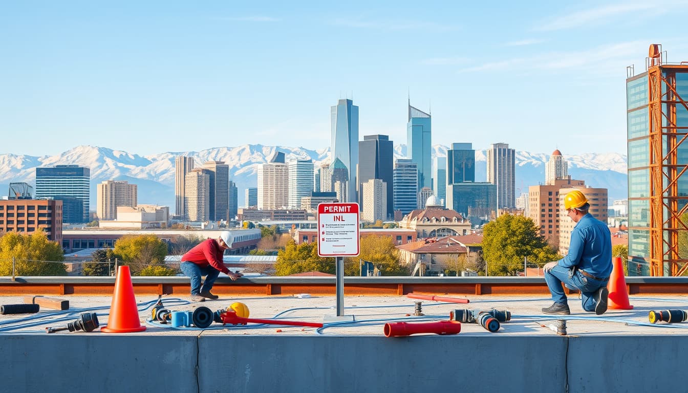 a cityscape of denver featuring a construction site with plumbing installation in progress, showing workers in hard hats, tools scattered around, and a visible permit sign standing out on the site. the background includes denver's skyline with mountains, evoking themes of urban infrastructure and development.