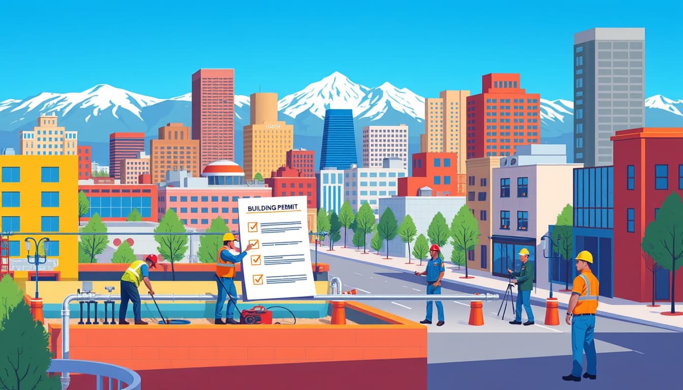 a vibrant illustration of a busy cityscape in denver, featuring a plumbing construction site with workers installing pipes, a visible building permit checklist, and city officials inspecting the work, set against a backdrop of the rocky mountains and clear blue sky.
