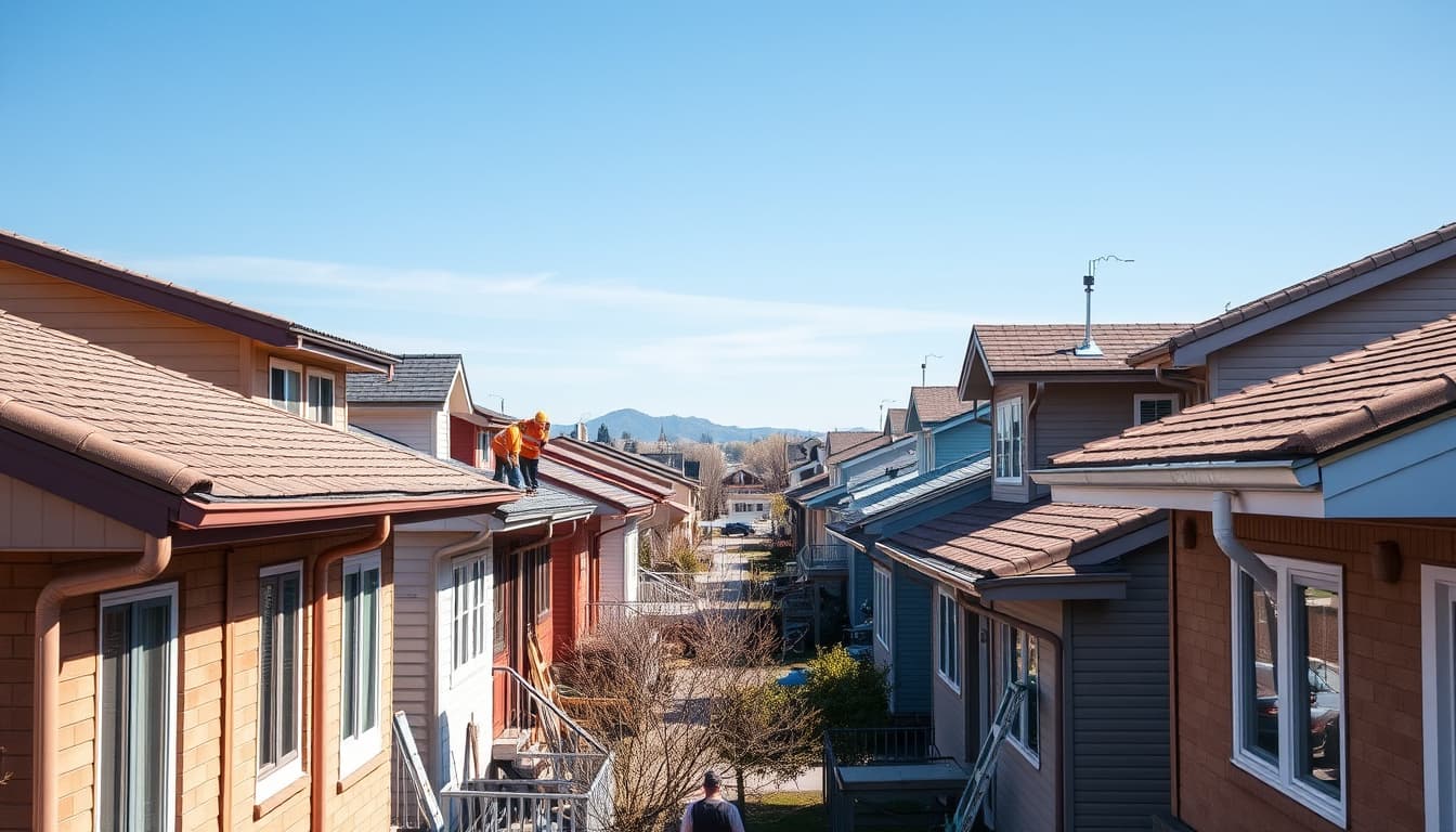 an urban scene in denver featuring a residential neighborhood with various gutter systems on houses. showcase a mix of traditional and modern architecture, with construction workers inspecting and upgrading gutters, alongside details like tools scattered around, and a clear blue sky overhead.