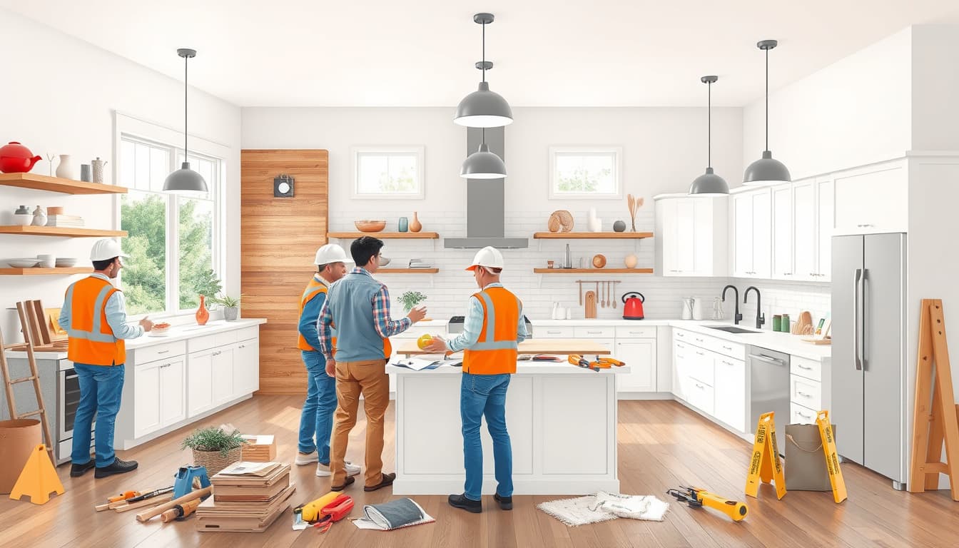 a bustling denver kitchen renovation scene showcasing various kitchen designs, with contractors discussing plans, tools scattered around, and a backdrop of a modern denver home. emphasize diverse styles like contemporary and rustic kitchens, as well as the importance of permits, with subtle hints of construction materials and caution signs.