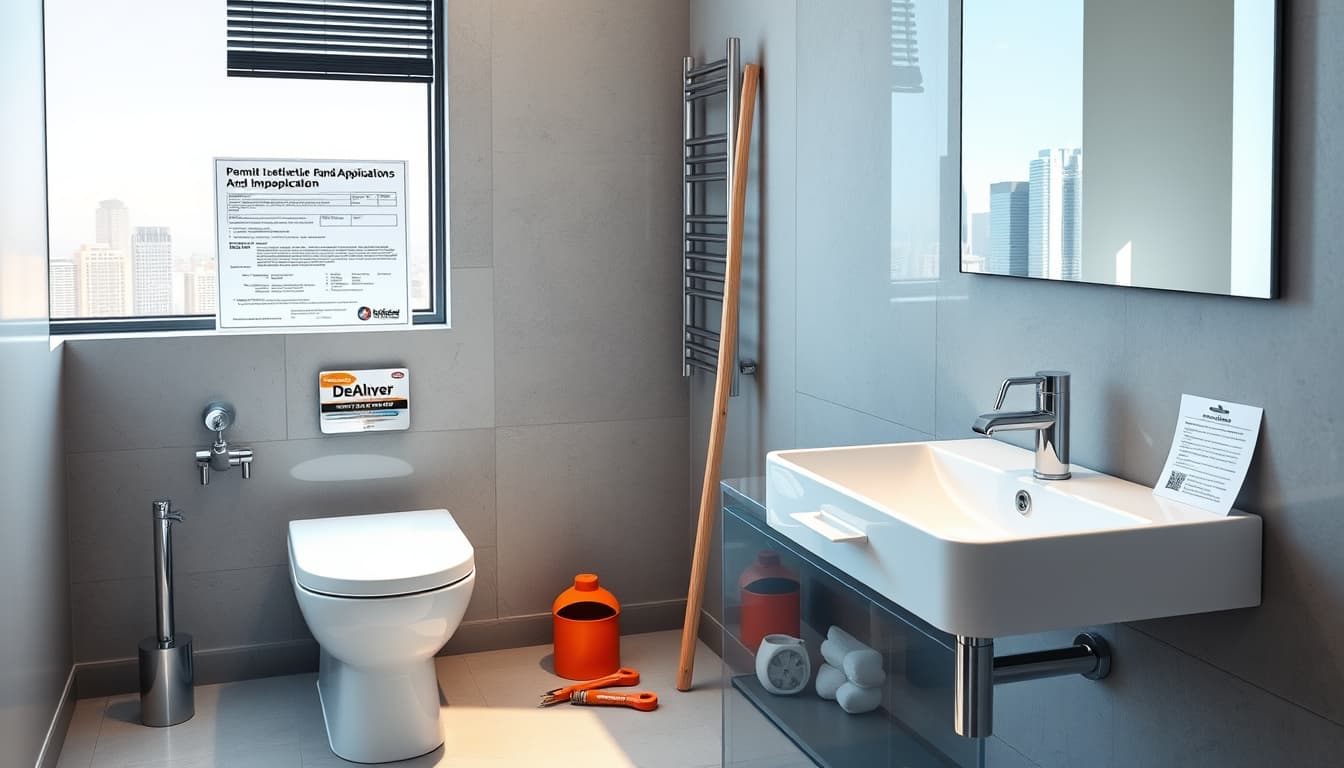 a modern bathroom scene in denver, featuring a stylish toilet and a sleek sink, with construction tools and a permit application form subtly included in the background. the atmosphere reflects a mix of urban sophistication and home improvement, showcasing plumbing fixtures and a hint of the denver skyline through a window.