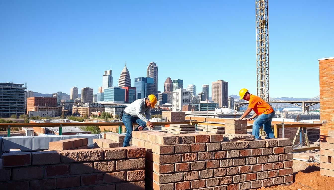 a construction site in denver showcasing masonry work, featuring skilled masons laying bricks and stones, with iconic denver skyline in the background. the scene should convey a clear and organized atmosphere of building and craftsmanship.
