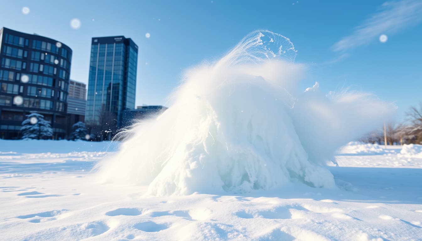 a snowy landscape featuring a tall ice barrier surrounded by swirling winds, with modern buildings in the background representing a city code compliance theme. the scene captures the intense winter conditions in denver, showcasing snowflakes, ice formations, and dynamic wind patterns.